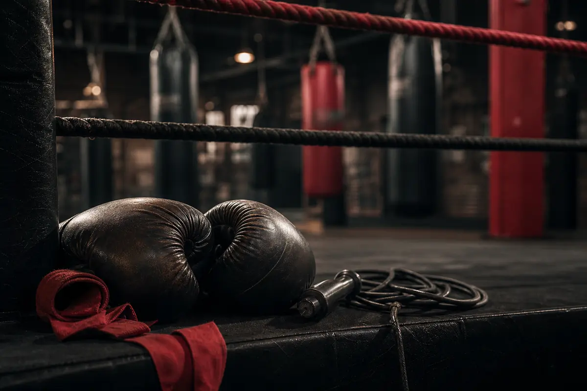 Boxing gloves, hand wraps and skipping rope beside a ring