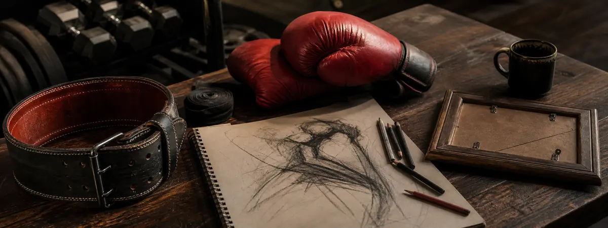 Lifting belt, boxing gloves and sketchbook arranged on a studio bench