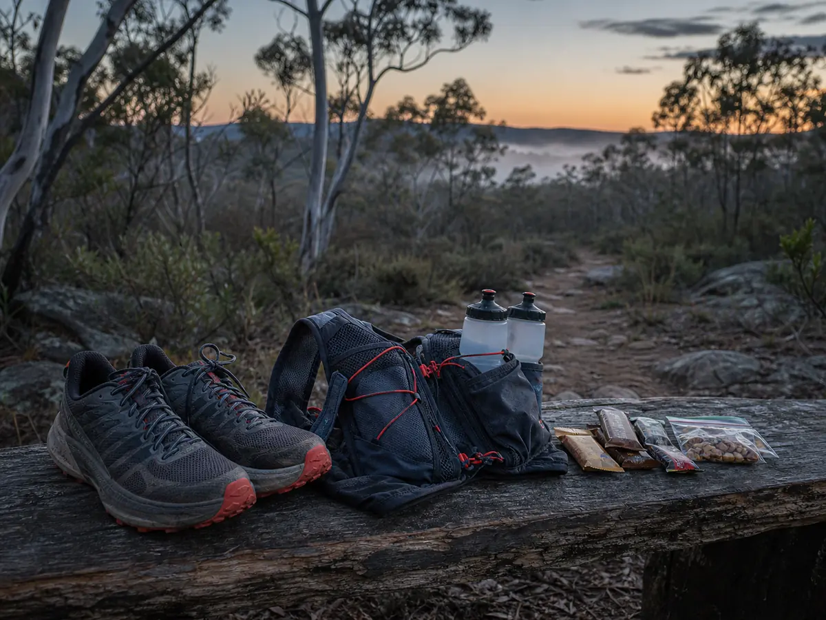 Trail shoes, hydration vest and race nutrition prepared beside a bush trail