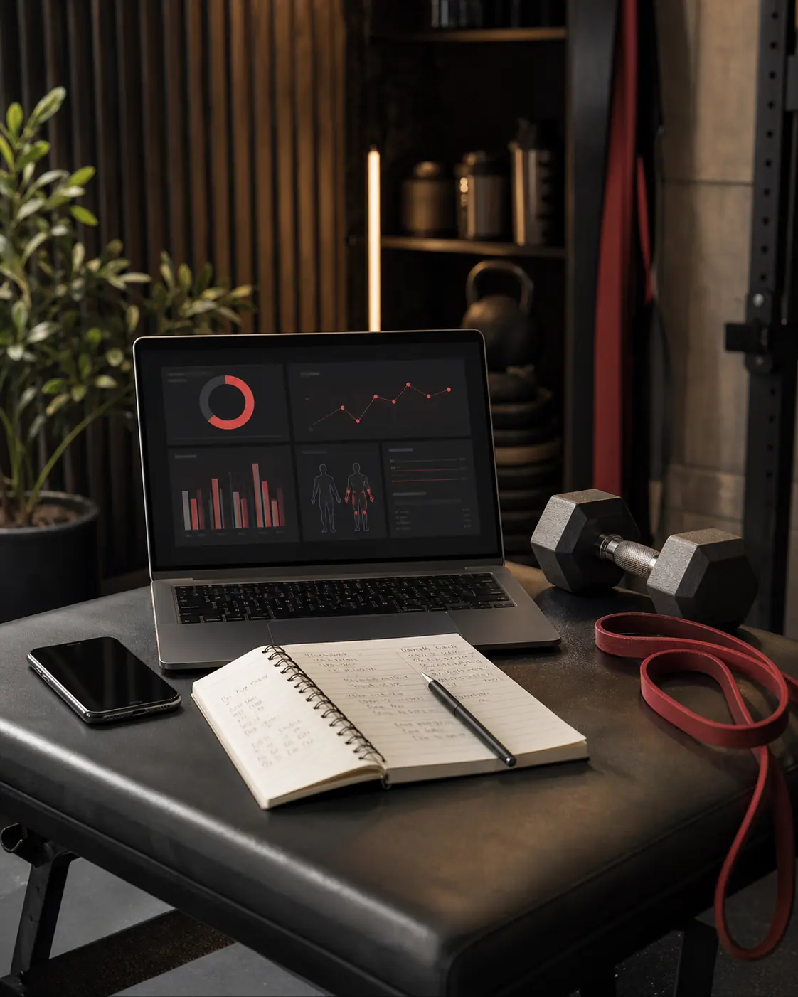 Laptop, training notebook, dumbbell and resistance band on a gym bench