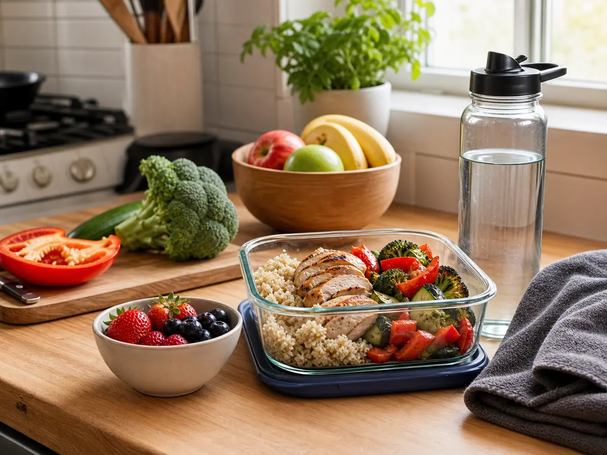Balanced meal preparation with fruit, vegetables and water