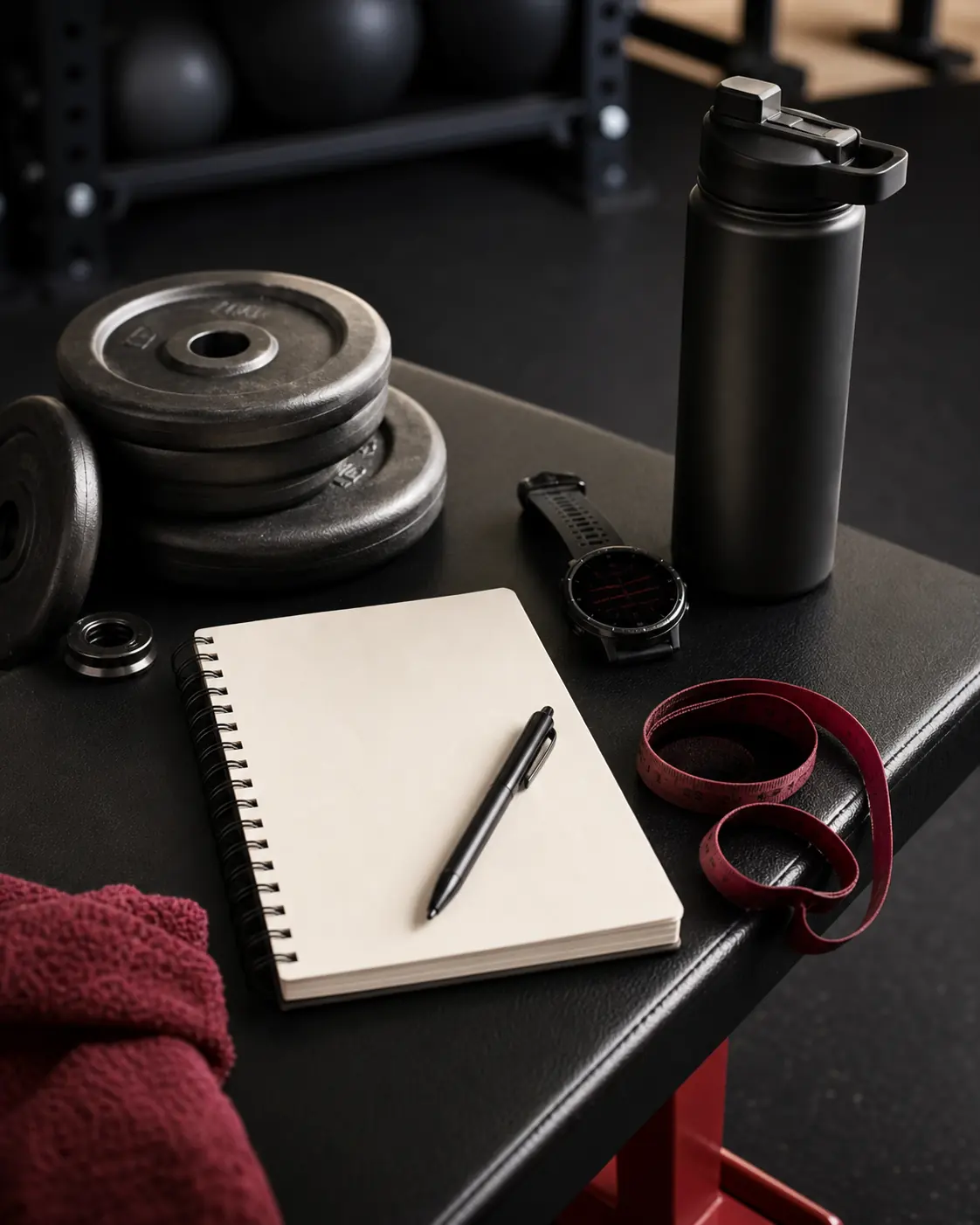 Training journal, weights, sports watch and measuring tape on a gym bench