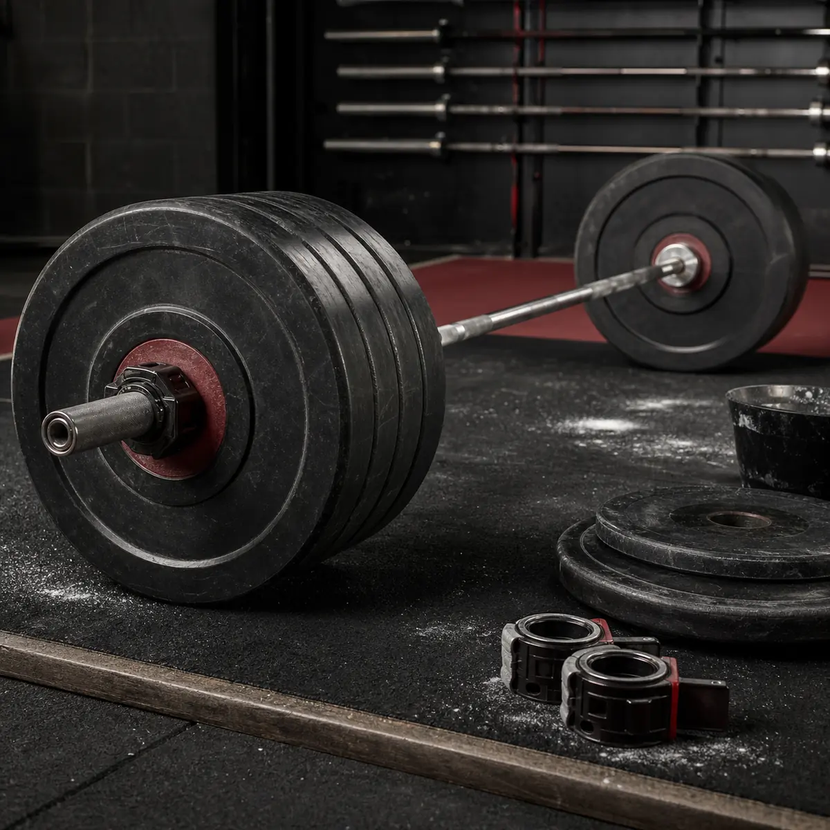 Loaded barbell and weight plates on a strength-gym platform